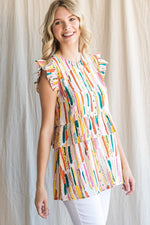 Colorful Print Ruffle Waist Top