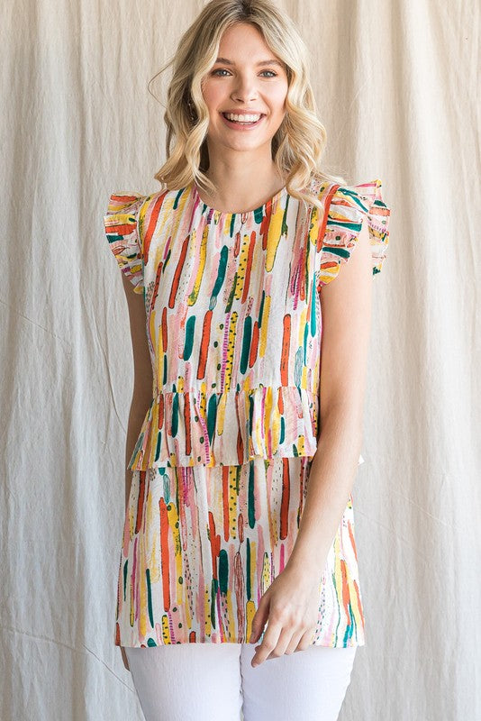 Colorful Print Ruffle Waist Top
