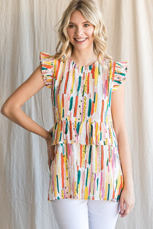 Colorful Print Ruffle Waist Top