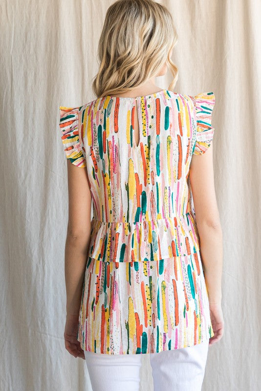 Colorful Print Ruffle Waist Top