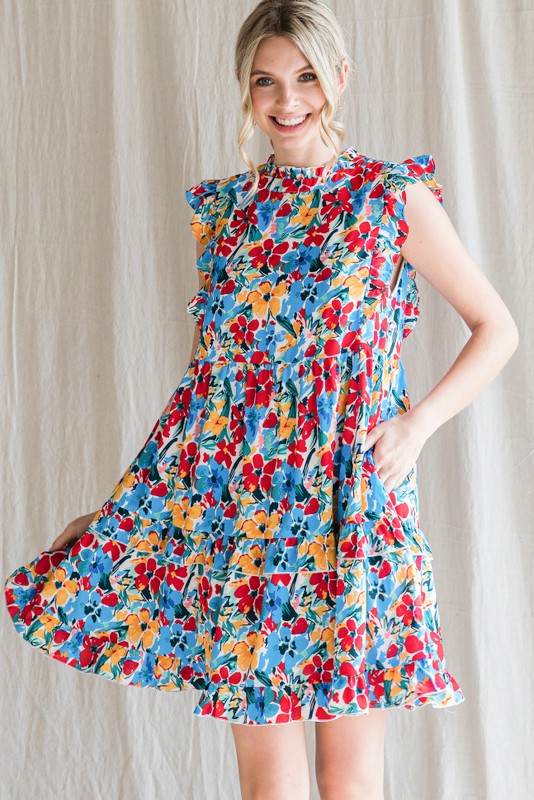 Floral Ruffle Tiered Babydoll Dress (Blue/Red - Plus Size)