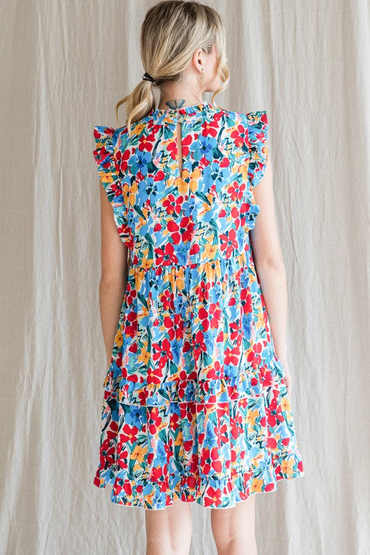 Floral Ruffle Tiered Babydoll Dress (Blue/Red - Plus Size)