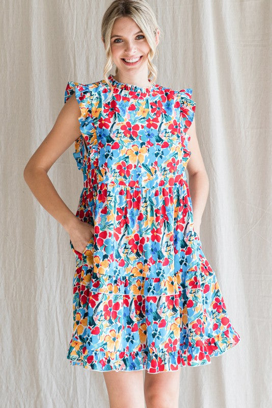 Floral Ruffle Tiered Babydoll Dress (Blue/Red - Plus Size)