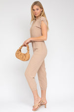 Dolman Sleeve Button Front Jumpsuit (Tan)