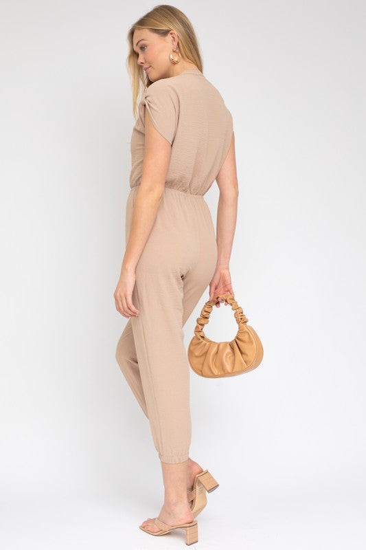 Dolman Sleeve Button Front Jumpsuit (Tan)