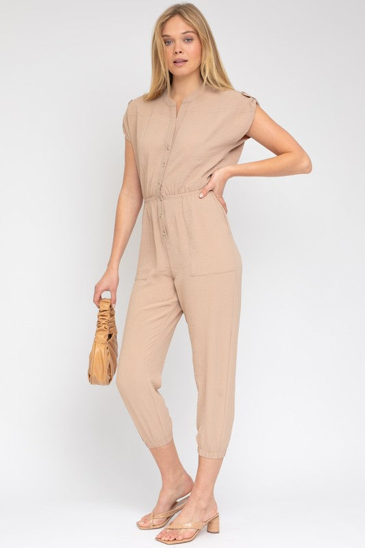 Dolman Sleeve Button Front Jumpsuit (Tan)