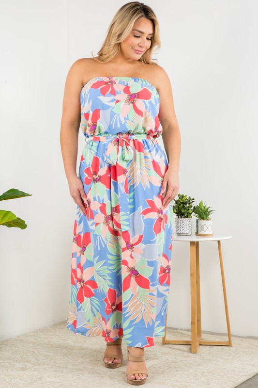 Strapless Tropical Print Maxi Dress (Plus Size)