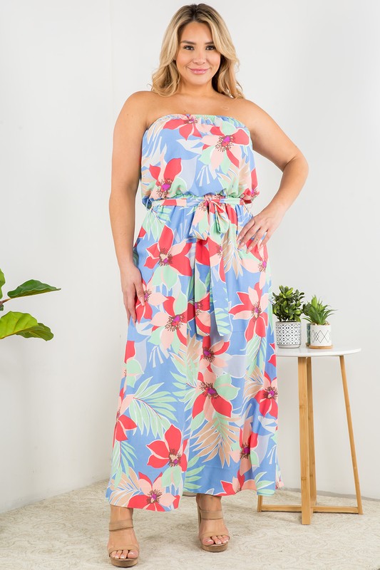 Strapless Tropical Print Maxi Dress (Plus Size)
