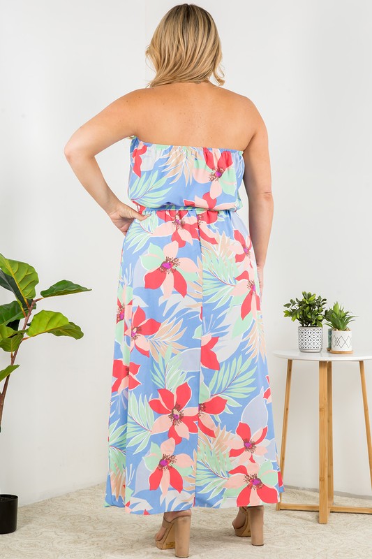 Strapless Tropical Print Maxi Dress (Plus Size)