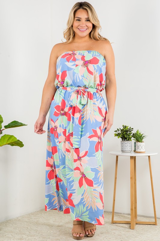 Strapless Tropical Print Maxi Dress (Plus Size)