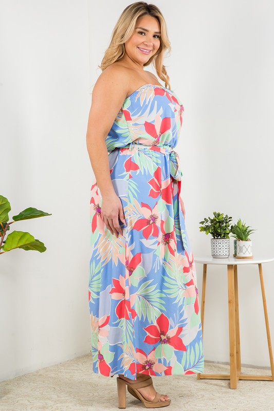 Strapless Tropical Print Maxi Dress (Plus Size)