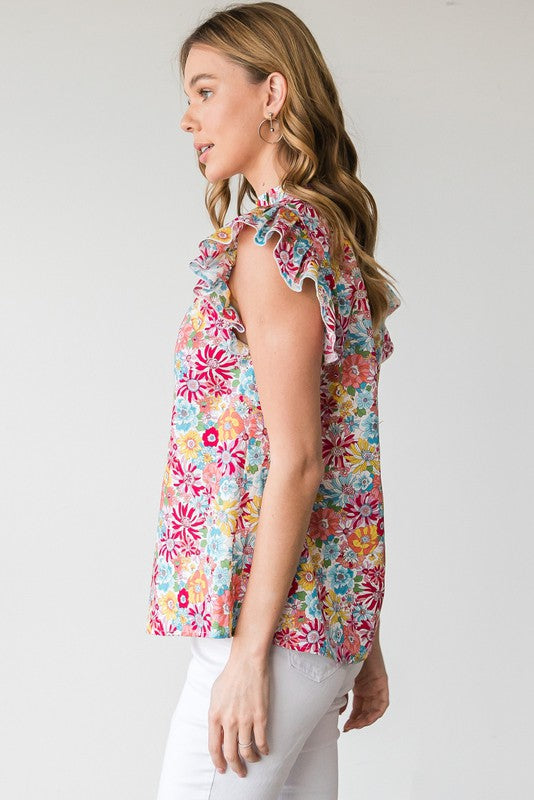 Floral Print Frill Mock Neck Top