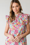 Floral Print Frill Mock Neck Top