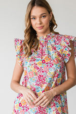 Floral Print Frill Mock Neck Top