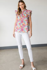 Floral Print Frill Mock Neck Top