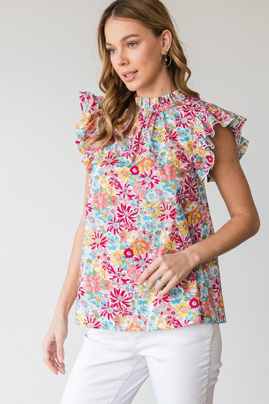 Floral Print Frill Mock Neck Top