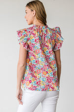 Floral Print Frill Mock Neck Top