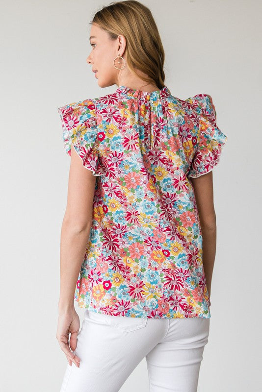 Floral Print Frill Mock Neck Top