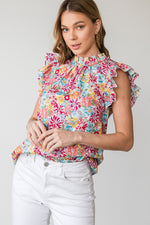 Floral Print Frill Mock Neck Top