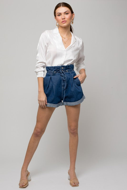 Cuffed Denim Paperbag Shorts