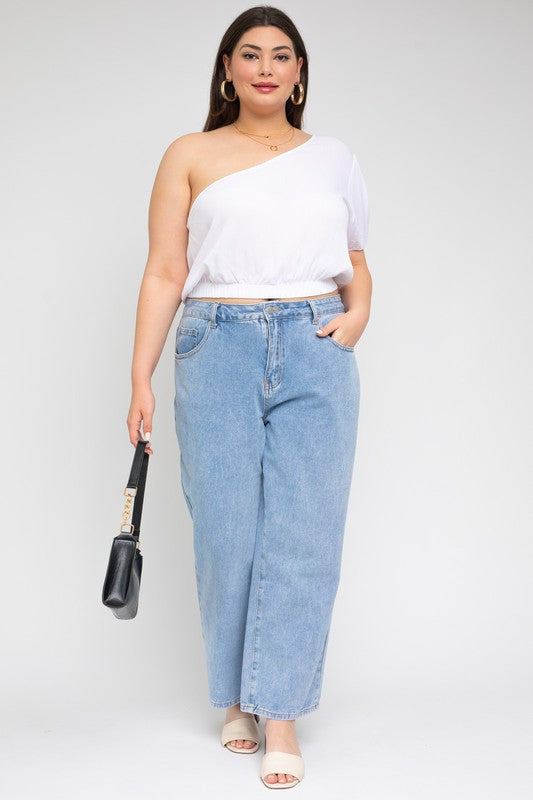 One Shoulder Elastic Waist Top (Plus Size)