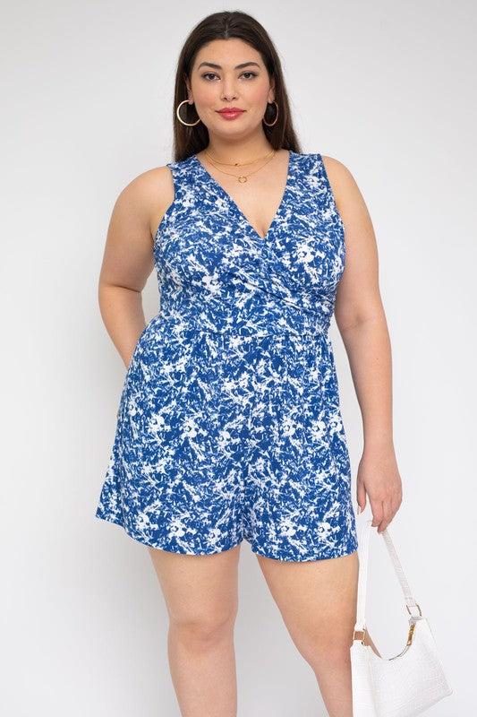 Sleeveless Faux Wrap Floral Romper (Plus Size)