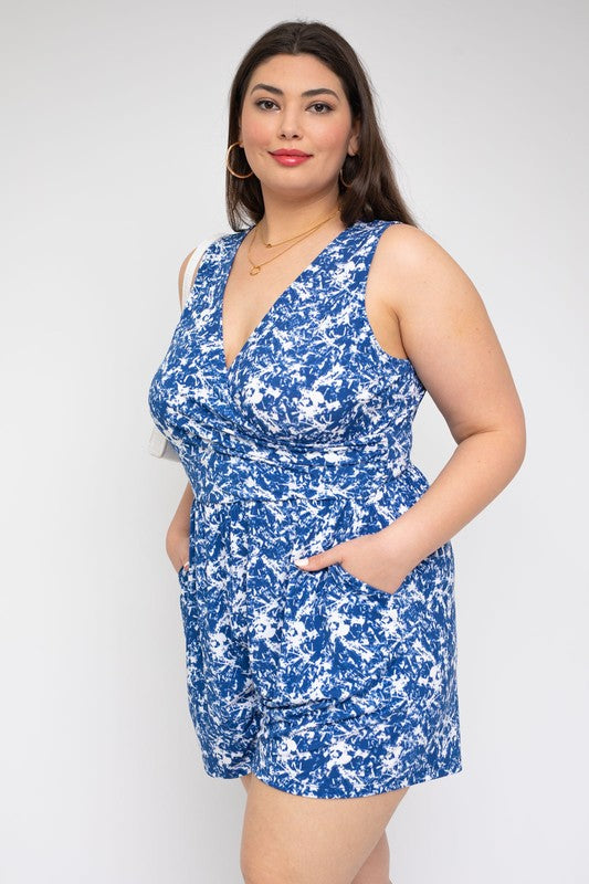 Sleeveless Faux Wrap Floral Romper (Plus Size)