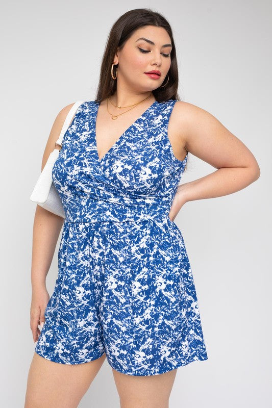 Sleeveless Faux Wrap Floral Romper (Plus Size)
