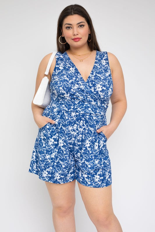 Sleeveless Faux Wrap Floral Romper (Plus Size)