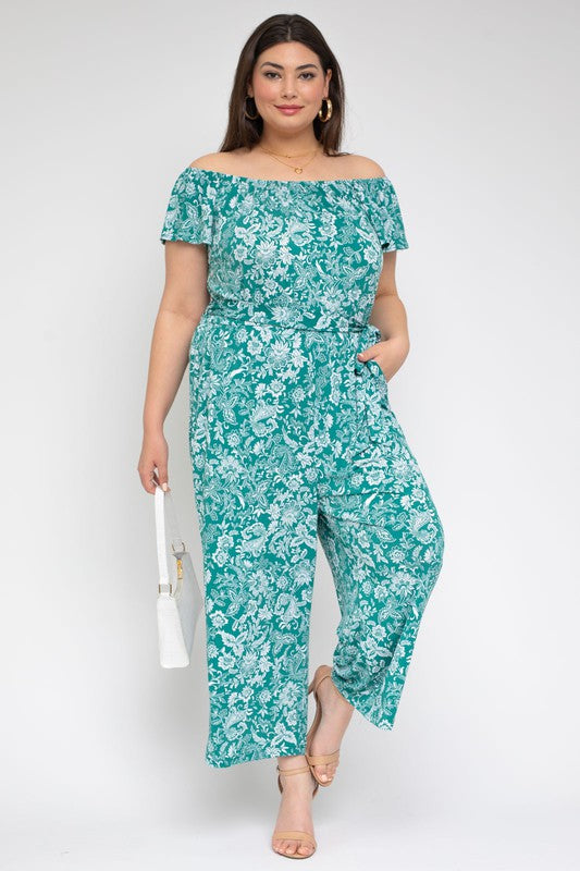 Square Neck Tie Belt Jumpsuit (Plus Size)