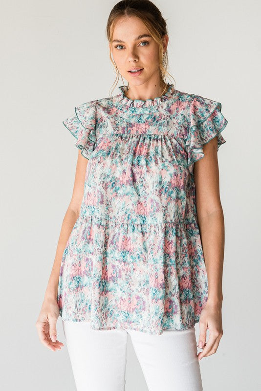 Floral Print Cap Sleeve Peplum Top