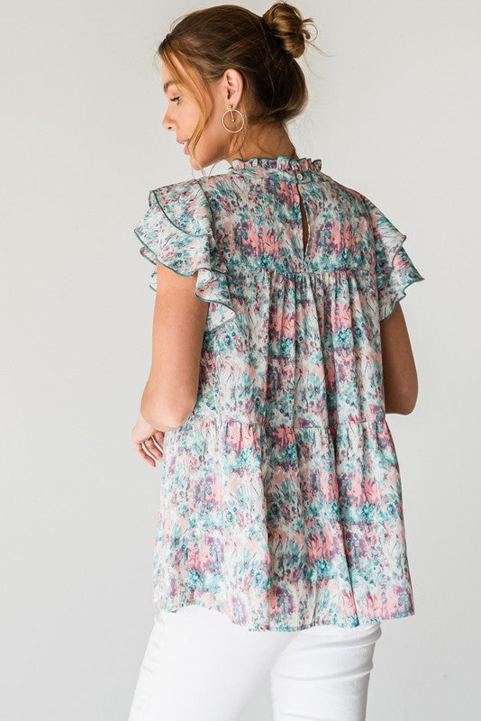 Floral Print Cap Sleeve Peplum Top