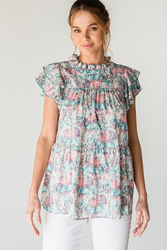 Floral Print Cap Sleeve Peplum Top