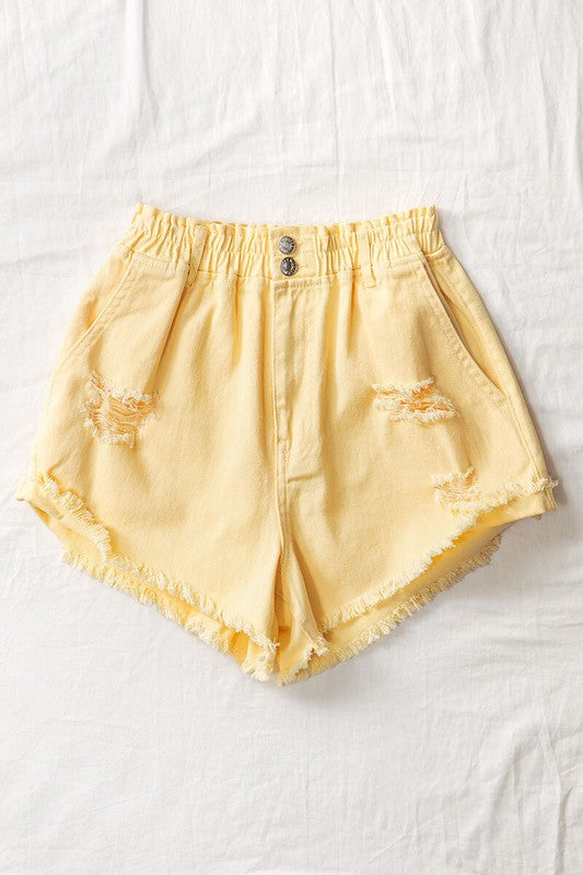 Distressed Elastic Waist Cut Off Shorts (Yellow)