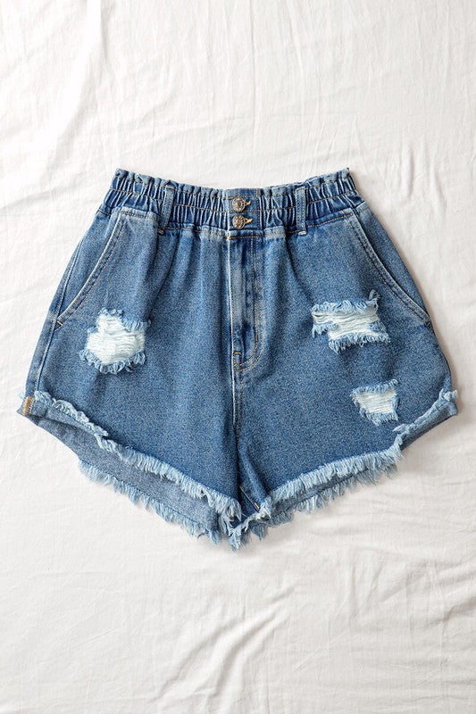 Distressed Elastic Waist Cut Off Shorts (Blue)
