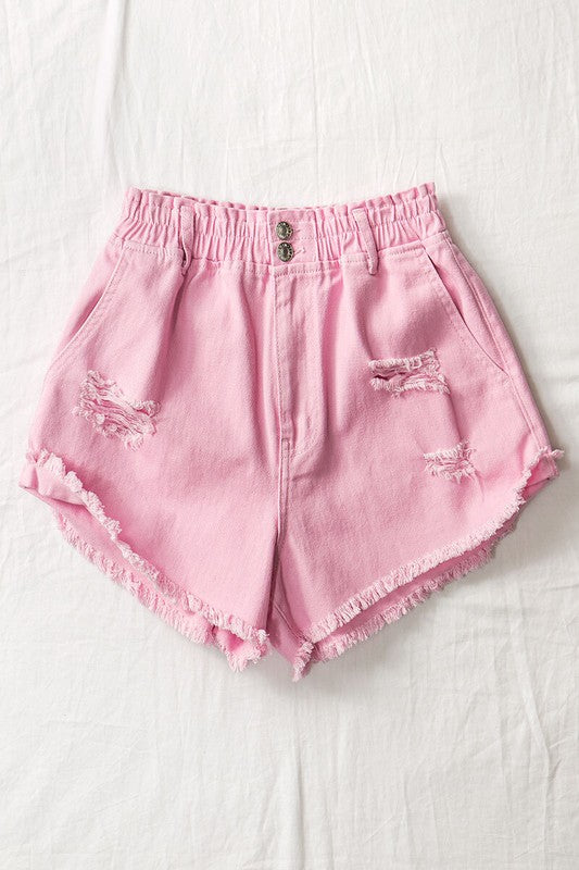 Distressed Elastic Waist Cut Off Shorts (Pink)