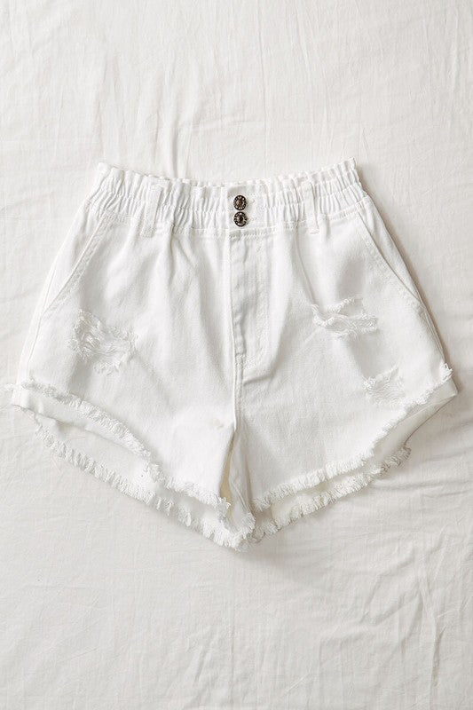 Distressed Elastic Waist Cut Off Shorts (White)