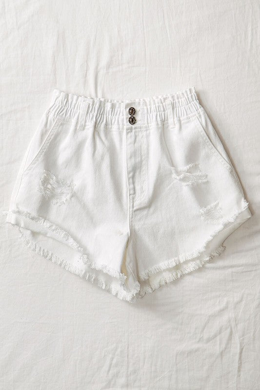 Distressed Elastic Waist Cut Off Shorts (White)