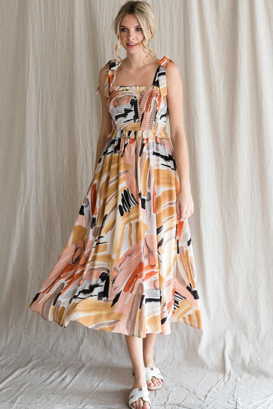 Smocked Bust Tie Strap Abstract Midi Dress (Plus Size)