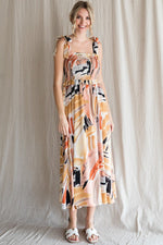 Smocked Bust Tie Strap Abstract Midi Dress (Plus Size)