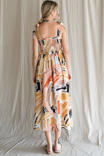 Smocked Bust Tie Strap Abstract Midi Dress (Plus Size)