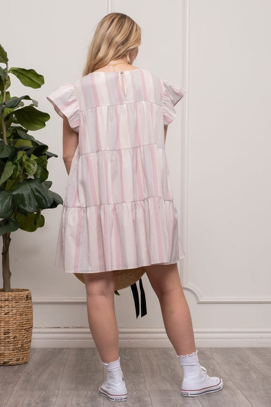 Vertical Stripe Short Sleeve Babydoll Dress (Plus Size)