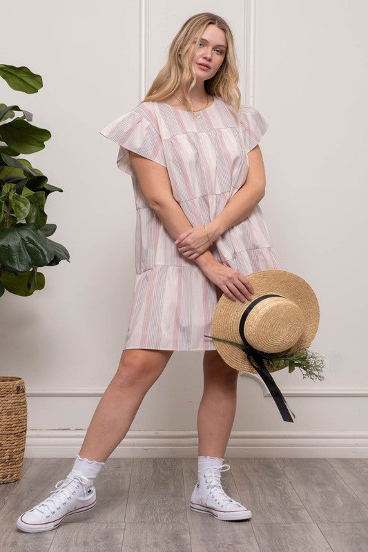 Vertical Stripe Short Sleeve Babydoll Dress (Plus Size)