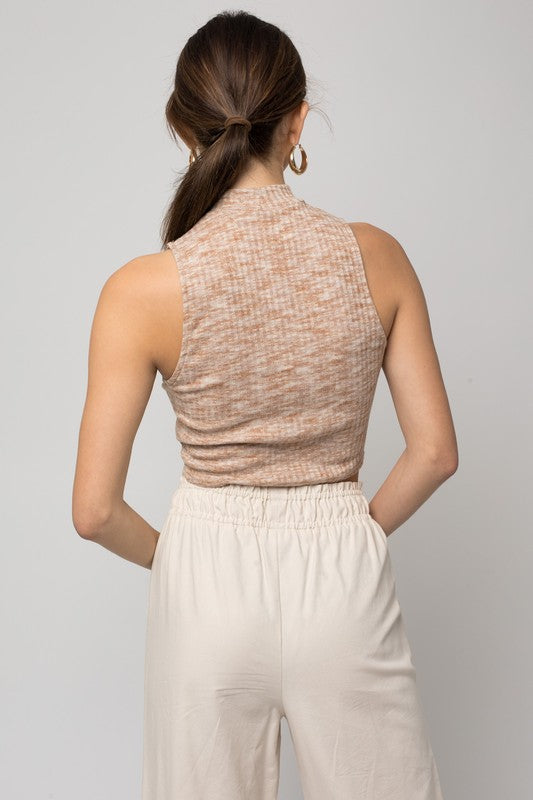 Sleeveless Mock Neck Ribbed Top