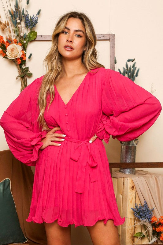 Button Front Long Sleeve Pleated Mini Dress