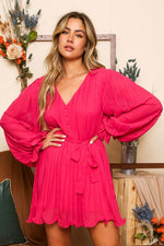 Button Front Long Sleeve Pleated Mini Dress