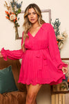 Button Front Long Sleeve Pleated Mini Dress