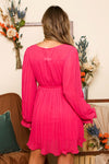 Button Front Long Sleeve Pleated Mini Dress