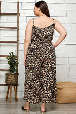 Button Detail Leopard Print Wide Leg Jumpsuit (Plus Size)