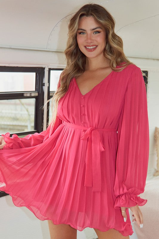 Button Front Long Sleeve Pleated Mini Dress